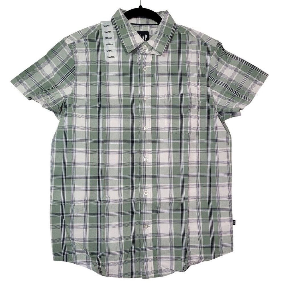 GAP Men's Green Plaid Short Sleeve Button-Up Poplin Cotton Shirt Small New